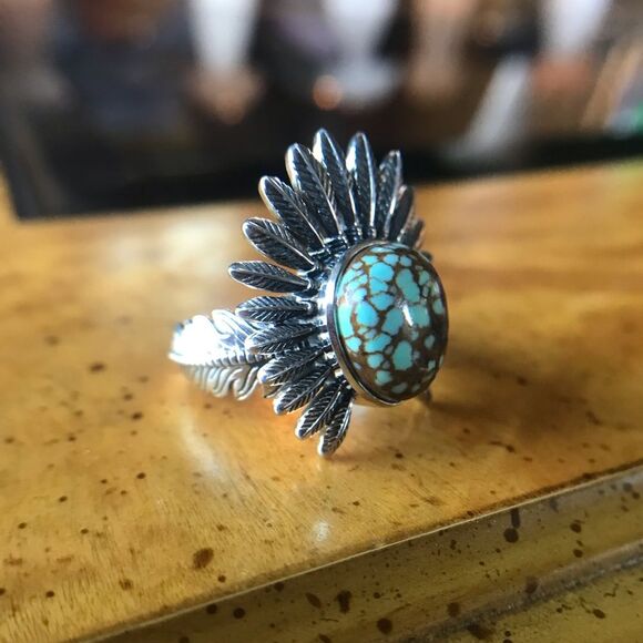 Natural Blue Turquoise Feather Crown Ring Size 7 - Picture 8 of 10